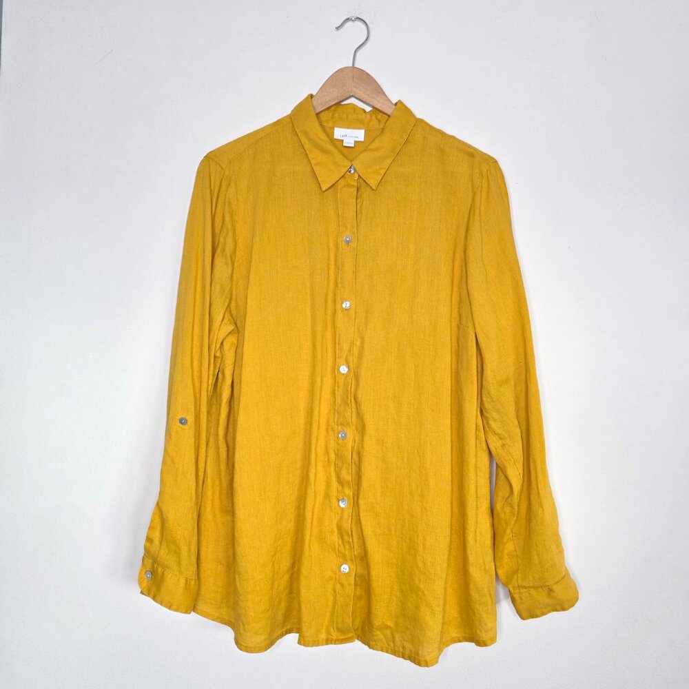 J. Jill Love Linen Mustard Yellow Button Down Shirt 100% Linen Size Large